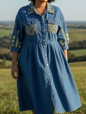 Western Cottagecore Embroidered Denim Midi Dress L Yellow Floral Embroidery NWT